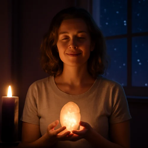 Woman meditating with a glowing crystal