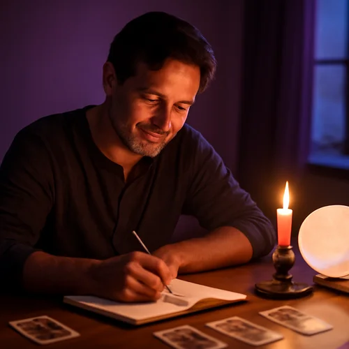 Man journaling by candlelight