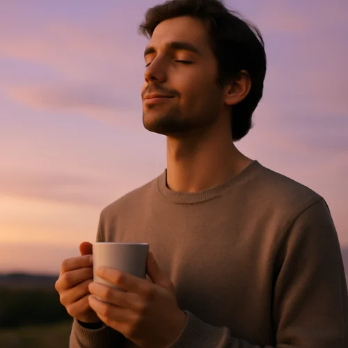 Man greeting the sunrise with a morning ritual
